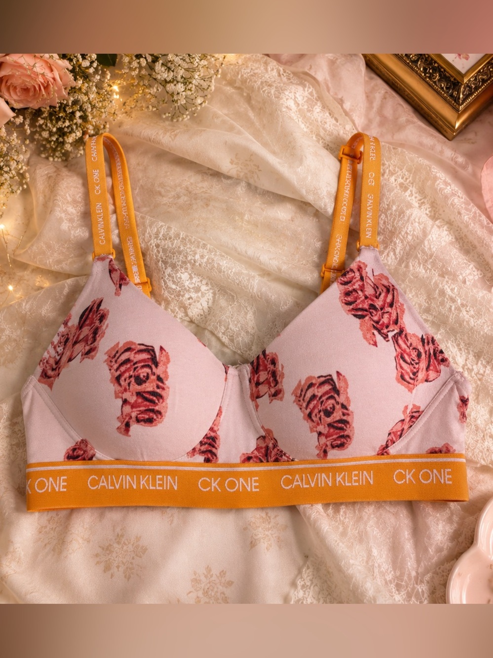Calvin Klein CK One Floral Triangle Bralette Pink Rose Print Size Small